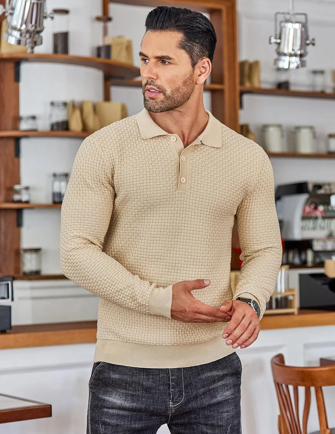COOFANDY Men's Knit Polo Shirts Long Sleeve Sweater Polo Lightweight Fashion Casual Collared T Shirts