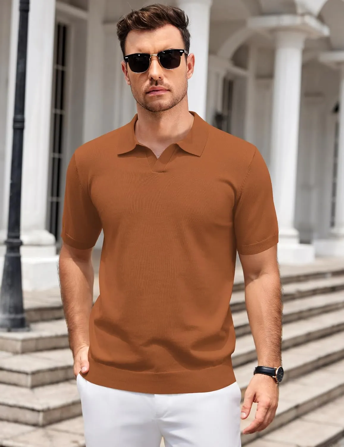 COOFANDY Mens Knit Polo Shirts V Neck Short Sleeve Stretch Polo T Shirt Casual Golf Shirts