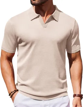 COOFANDY Mens Knit Polo Shirts V Neck Short Sleeve Stretch Polo T Shirt Casual Golf Shirts