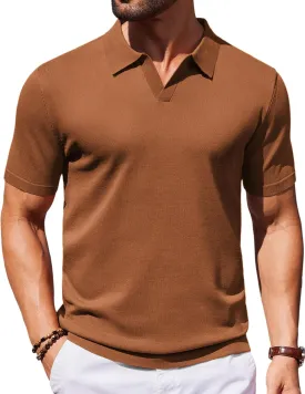 COOFANDY Mens Knit Polo Shirts V Neck Short Sleeve Stretch Polo T Shirt Casual Golf Shirts