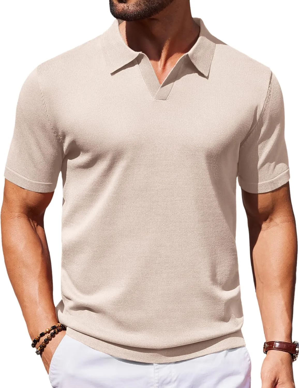COOFANDY Mens Knit Polo Shirts V Neck Short Sleeve Stretch Polo T Shirt Casual Golf Shirts