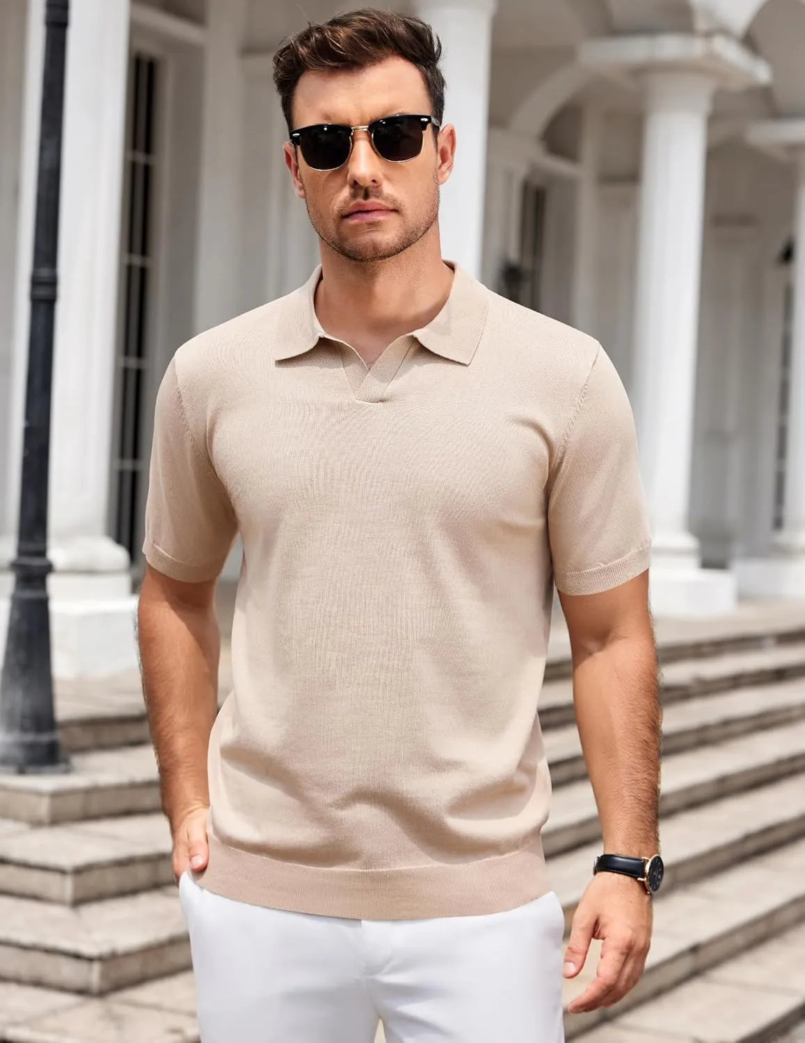COOFANDY Mens Knit Polo Shirts V Neck Short Sleeve Stretch Polo T Shirt Casual Golf Shirts
