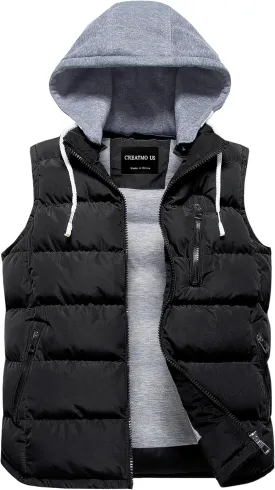CREATMO US Women's Warm Vest Outerwear Thick Padded Puffer Sleeveless Vest With Detachable Hood