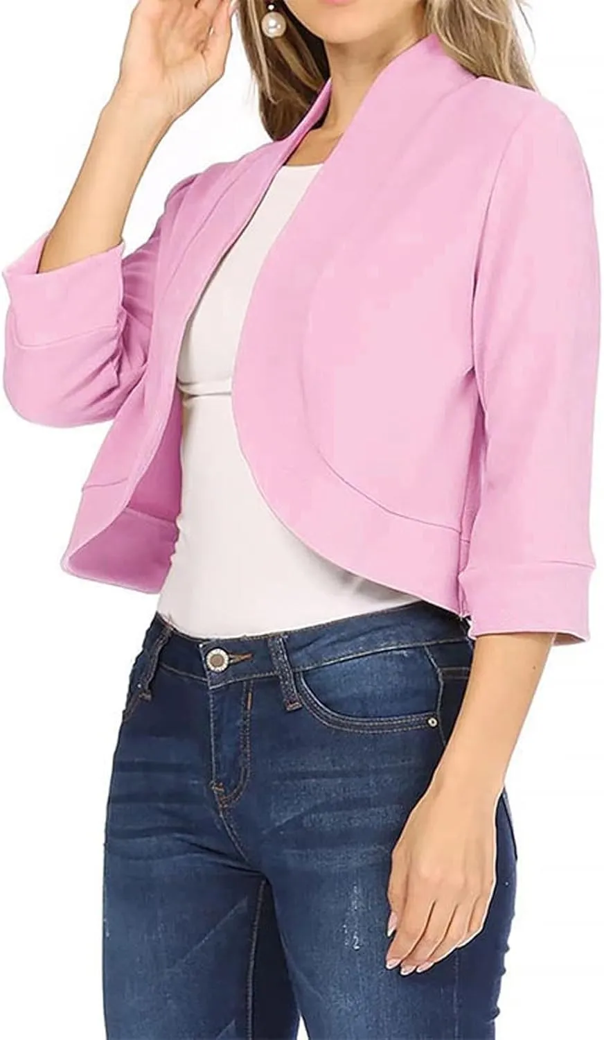 Cropped Blazer for Womens Open Front Work Office Cardigan Suit 3/4 Sleeve Solid Jacket Shrug Casual Business Blazers