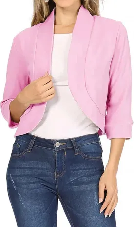 Cropped Blazer for Womens Open Front Work Office Cardigan Suit 3/4 Sleeve Solid Jacket Shrug Casual Business Blazers