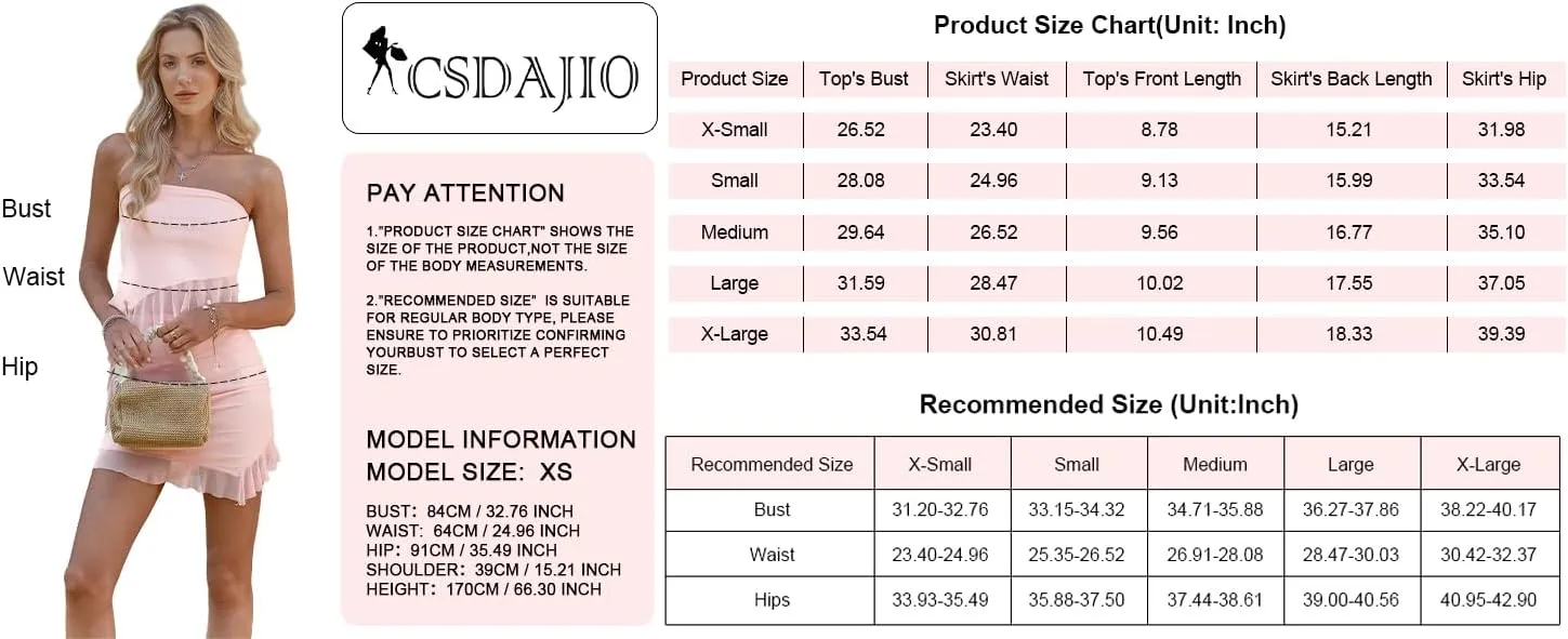 CSDAJIO Women's Asymmetrical Ruffle Hem Strapless Tube Top and Skirt Matching Set Summer 2 Pieces Outfits