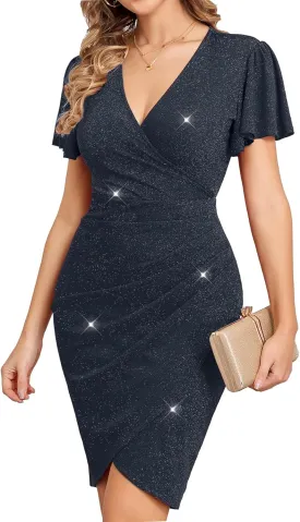 CYCLAMEN 2025 Sparkly Glitter Ruched Bodycon Mini Sexy Dress Sparkle Sequin V Neck Wrap Ruffle Sleeve Dresses Cocktail Party