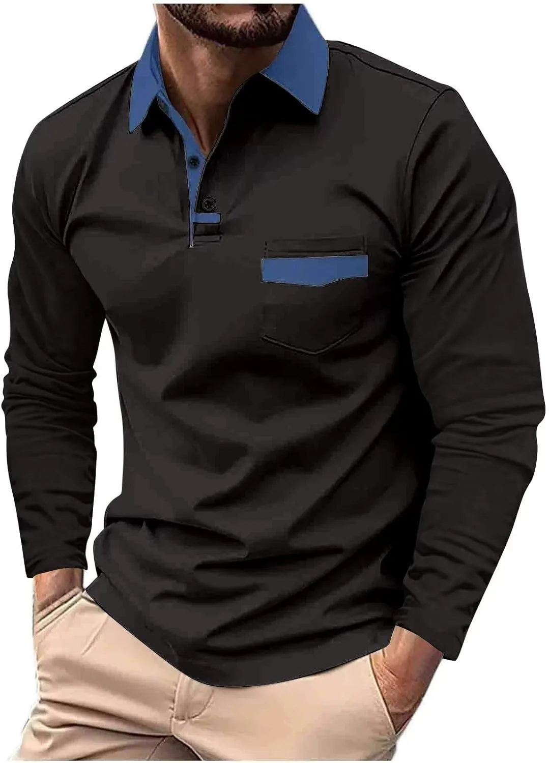 DEEX Men's Polo Shirts Long Sleeve Casual Fashion Polo Tee Shirts Color Block Slim Fit Golf Polo Shirt with Pocket