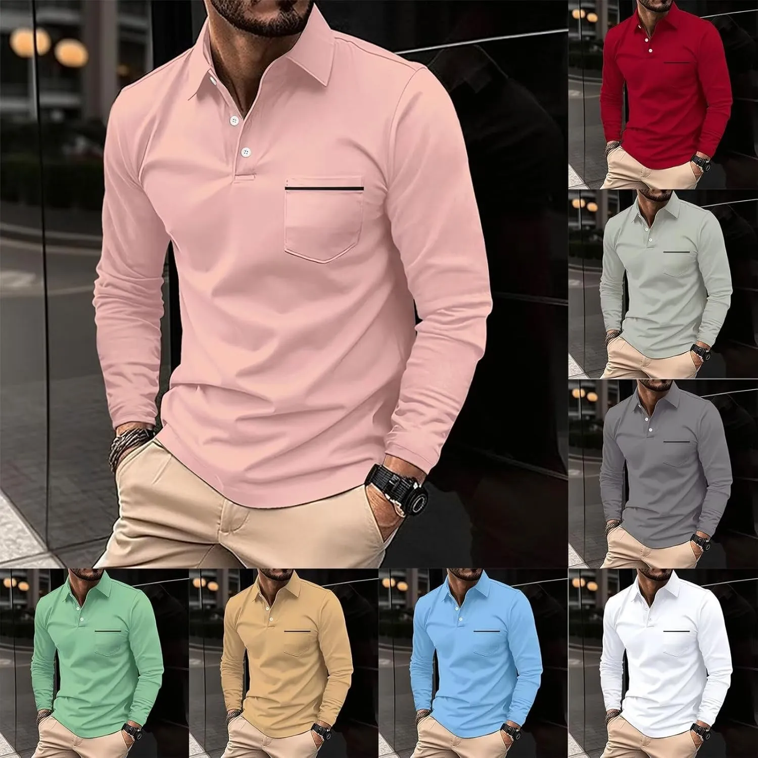 DEEX Men's Polo Shirts Long Sleeve Casual Fashion Polo Tee Shirts Color Block Slim Fit Golf Polo Shirt with Pocket