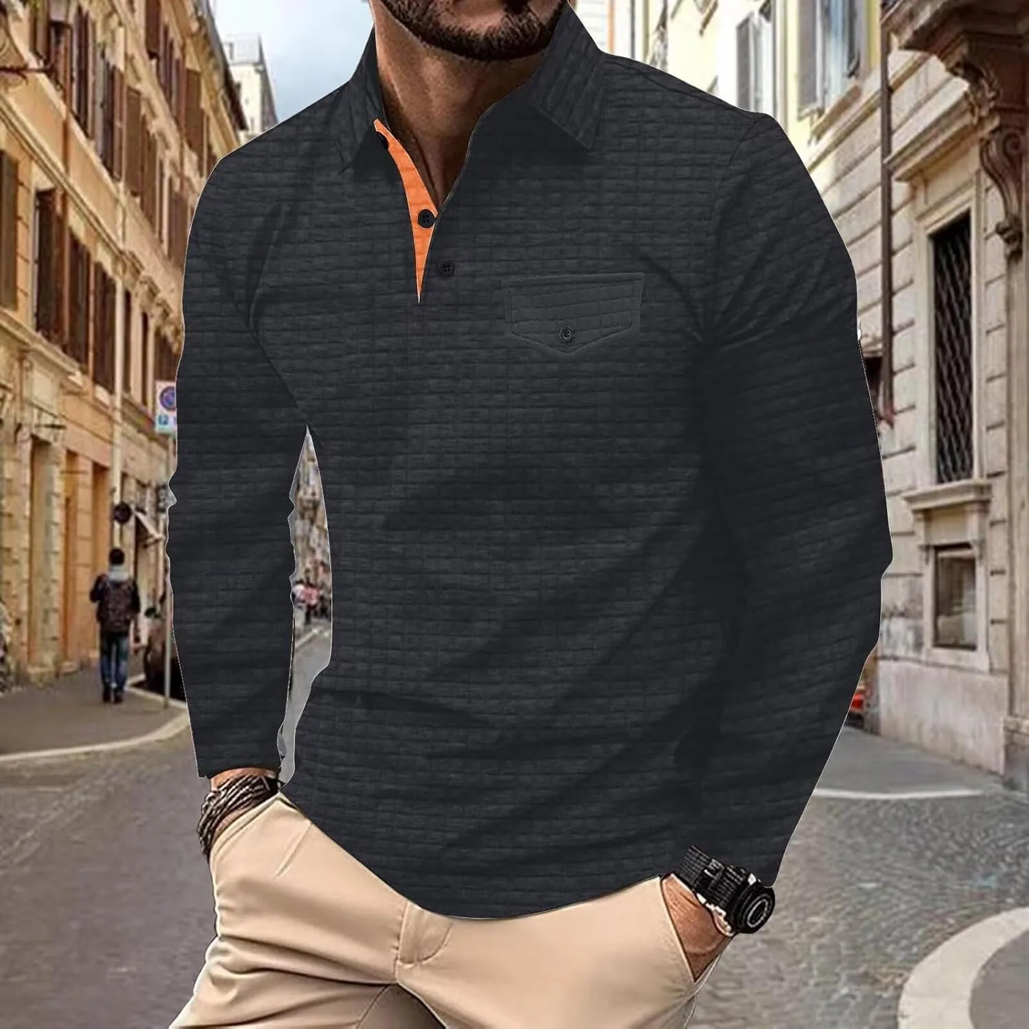 DEEX Men's Polo Shirts Long Sleeve Casual Fashion Polo Tee Shirts Color Block Slim Fit Golf Polo Shirt with Pocket