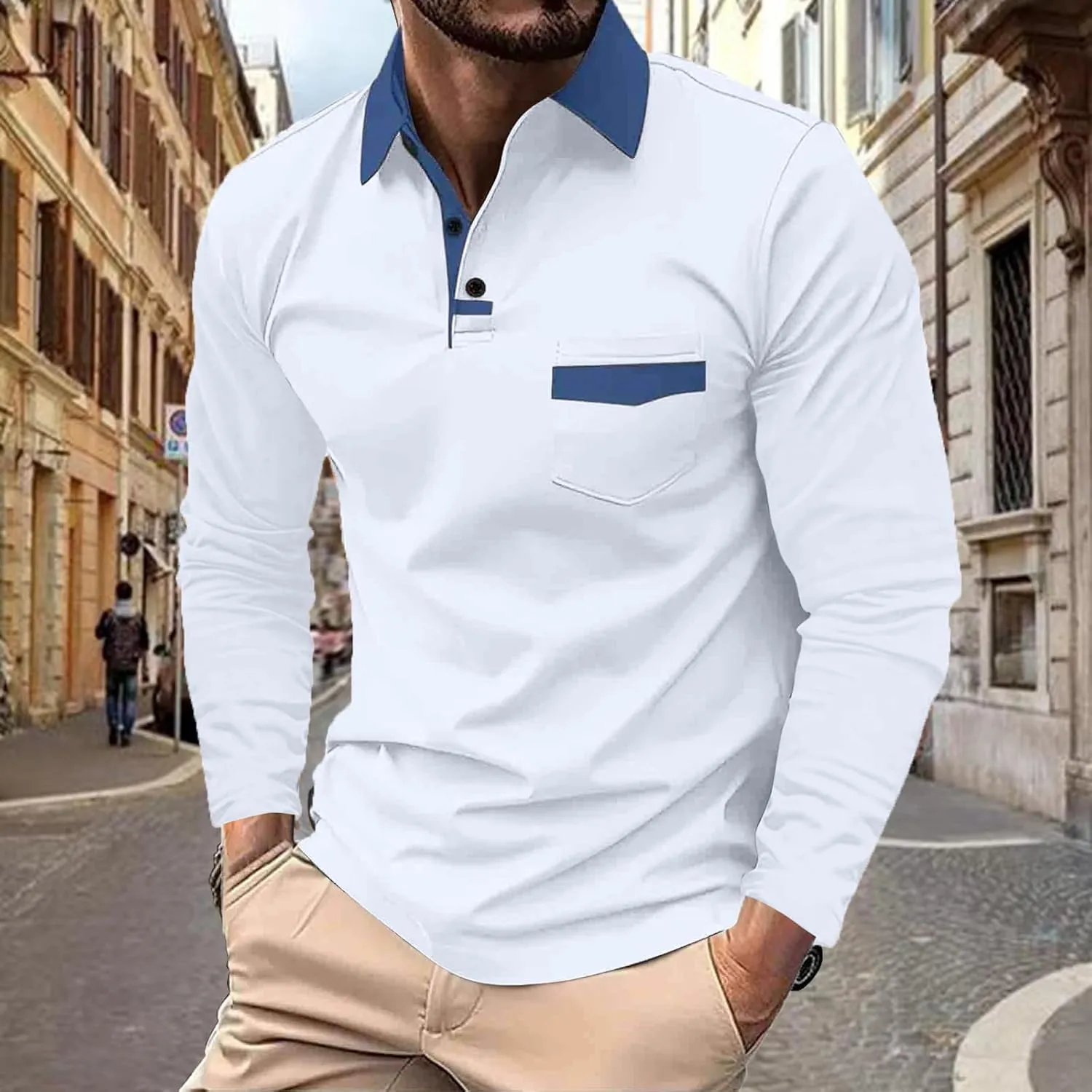 DEEX Men's Polo Shirts Long Sleeve Casual Fashion Polo Tee Shirts Color Block Slim Fit Golf Polo Shirt with Pocket