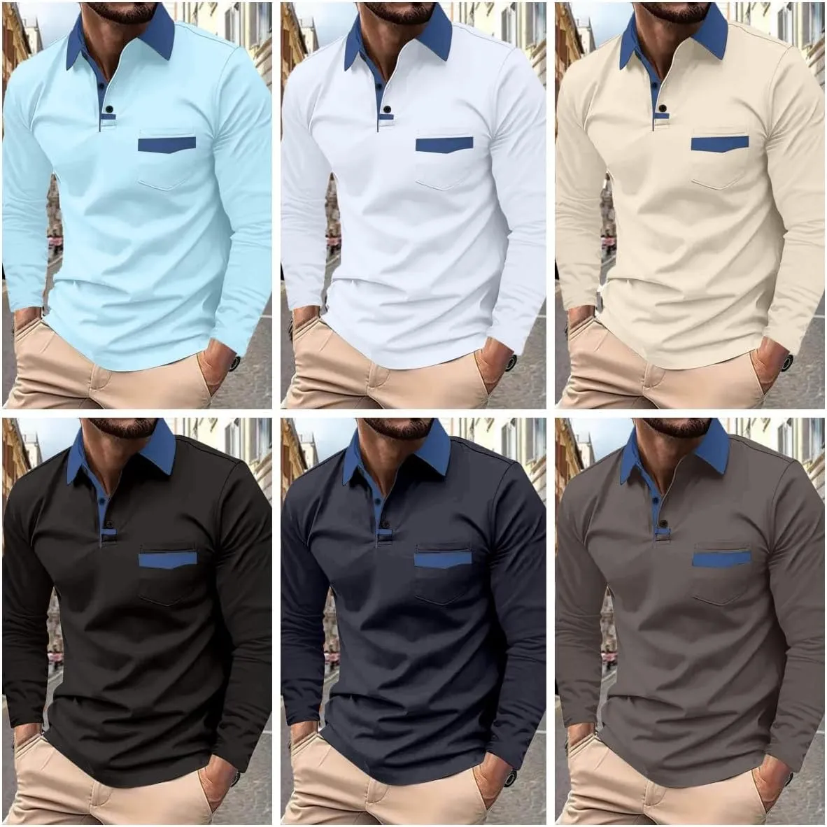 DEEX Men's Polo Shirts Long Sleeve Casual Fashion Polo Tee Shirts Color Block Slim Fit Golf Polo Shirt with Pocket