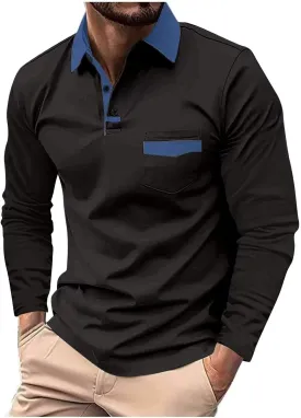 DEEX Men's Polo Shirts Long Sleeve Casual Fashion Polo Tee Shirts Color Block Slim Fit Golf Polo Shirt with Pocket
