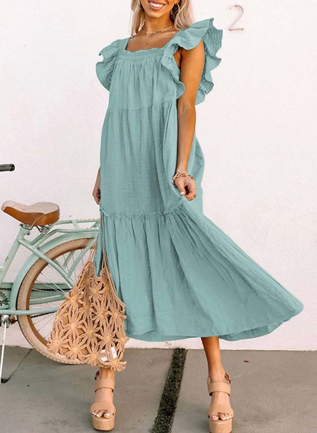 Dokotoo Women's 2025 Spring Summer Square Collar Dress Off Shoulder Style Elegant Ruffle Hemline Skirt Mini Dresses S-XL