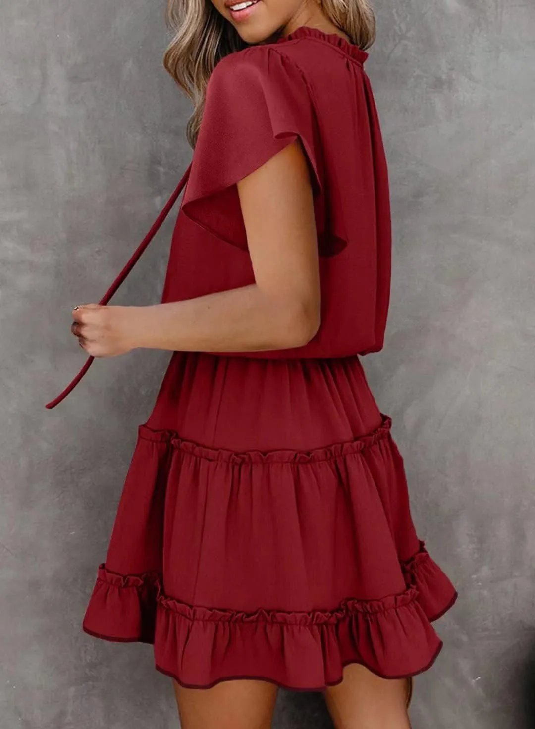 Dokotoo Womens Spring Summer 2025 Short Sleeve Split V Neck Ruffle Chiffon Elegant Mini Short Skirt Dresses