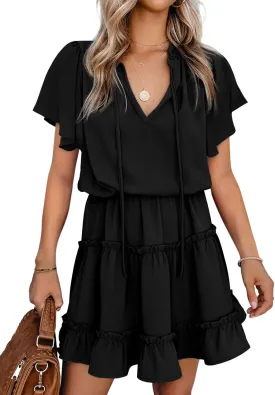 Dokotoo Womens Spring Summer 2025 Short Sleeve Split V Neck Ruffle Chiffon Elegant Mini Short Skirt Dresses