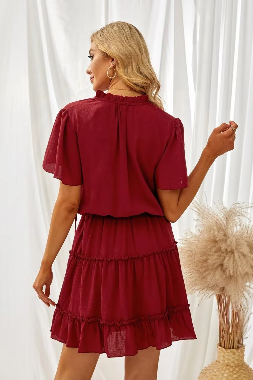 Dokotoo Womens Spring Summer 2025 Short Sleeve Split V Neck Ruffle Chiffon Elegant Mini Short Skirt Dresses