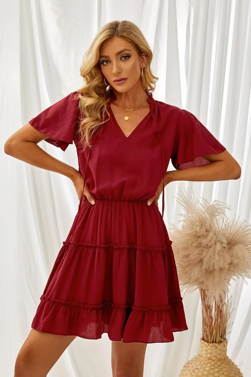 Dokotoo Womens Spring Summer 2025 Short Sleeve Split V Neck Ruffle Chiffon Elegant Mini Short Skirt Dresses