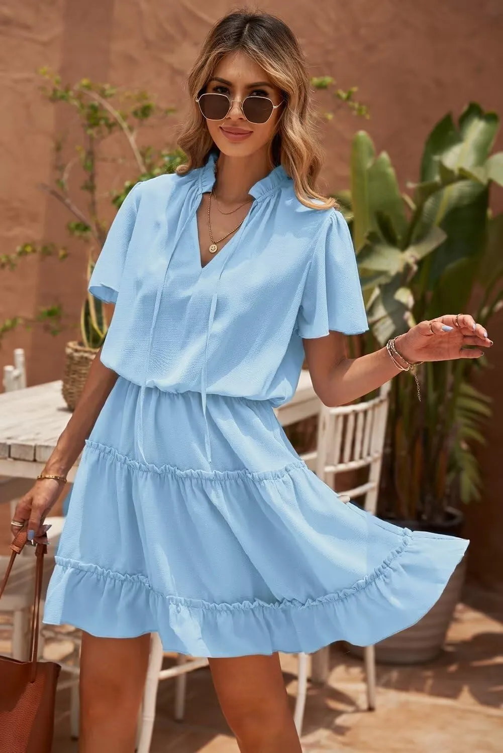 Dokotoo Womens Spring Summer 2025 Short Sleeve Split V Neck Ruffle Chiffon Elegant Mini Short Skirt Dresses
