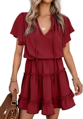 Dokotoo Womens Spring Summer 2025 Short Sleeve Split V Neck Ruffle Chiffon Elegant Mini Short Skirt Dresses