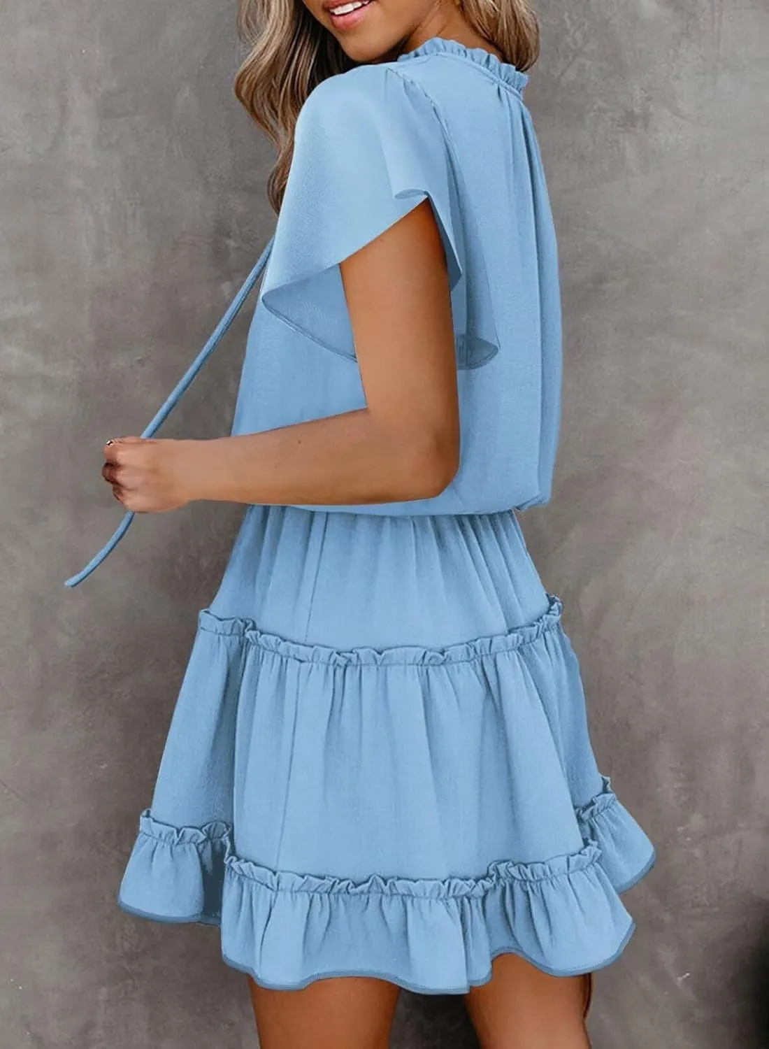 Dokotoo Womens Spring Summer 2025 Short Sleeve Split V Neck Ruffle Chiffon Elegant Mini Short Skirt Dresses