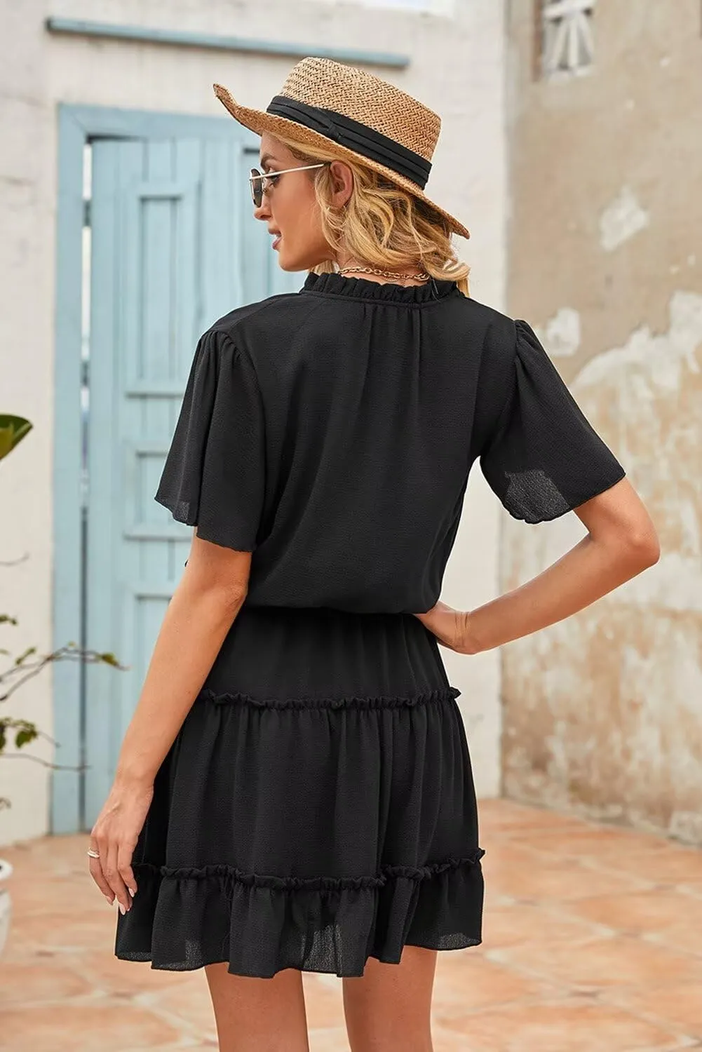 Dokotoo Womens Spring Summer 2025 Short Sleeve Split V Neck Ruffle Chiffon Elegant Mini Short Skirt Dresses