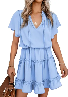 Dokotoo Womens Spring Summer 2025 Short Sleeve Split V Neck Ruffle Chiffon Elegant Mini Short Skirt Dresses