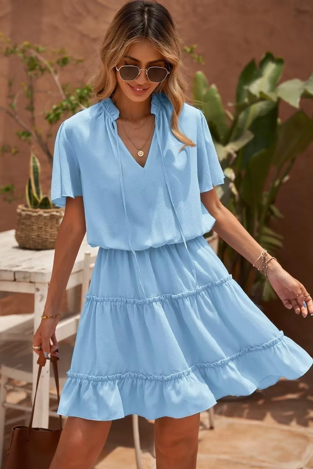 Dokotoo Womens Spring Summer 2025 Short Sleeve Split V Neck Ruffle Chiffon Elegant Mini Short Skirt Dresses