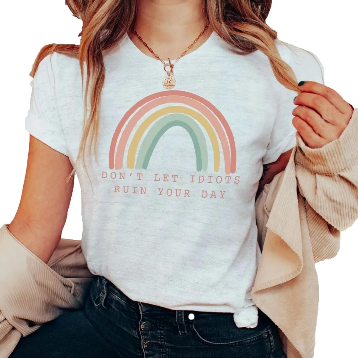 Don't LET Idiots Ruin Your Day Women Rainbow Print Round Neck Short Sleeve T-Shirt Top Fashion Casual Funny Letter Tee