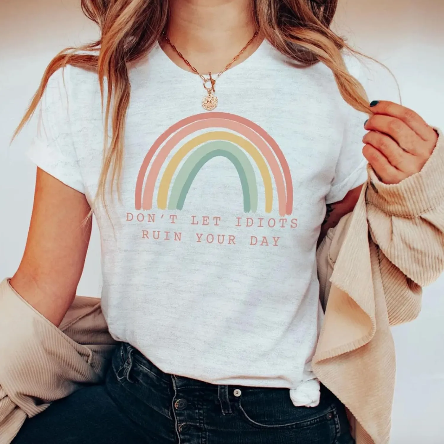 Don't LET Idiots Ruin Your Day Women Rainbow Print Round Neck Short Sleeve T-Shirt Top Fashion Casual Funny Letter Tee