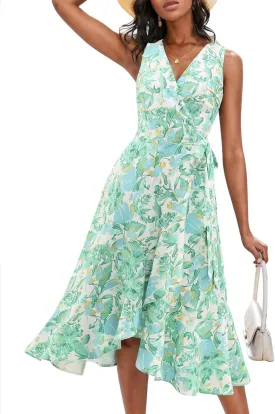 Dressystar Women's Summer Floral V Neck Wrap Boho Dress Sleeveless Ruffle A-Line Flowy Beach Casual Midi Dresses