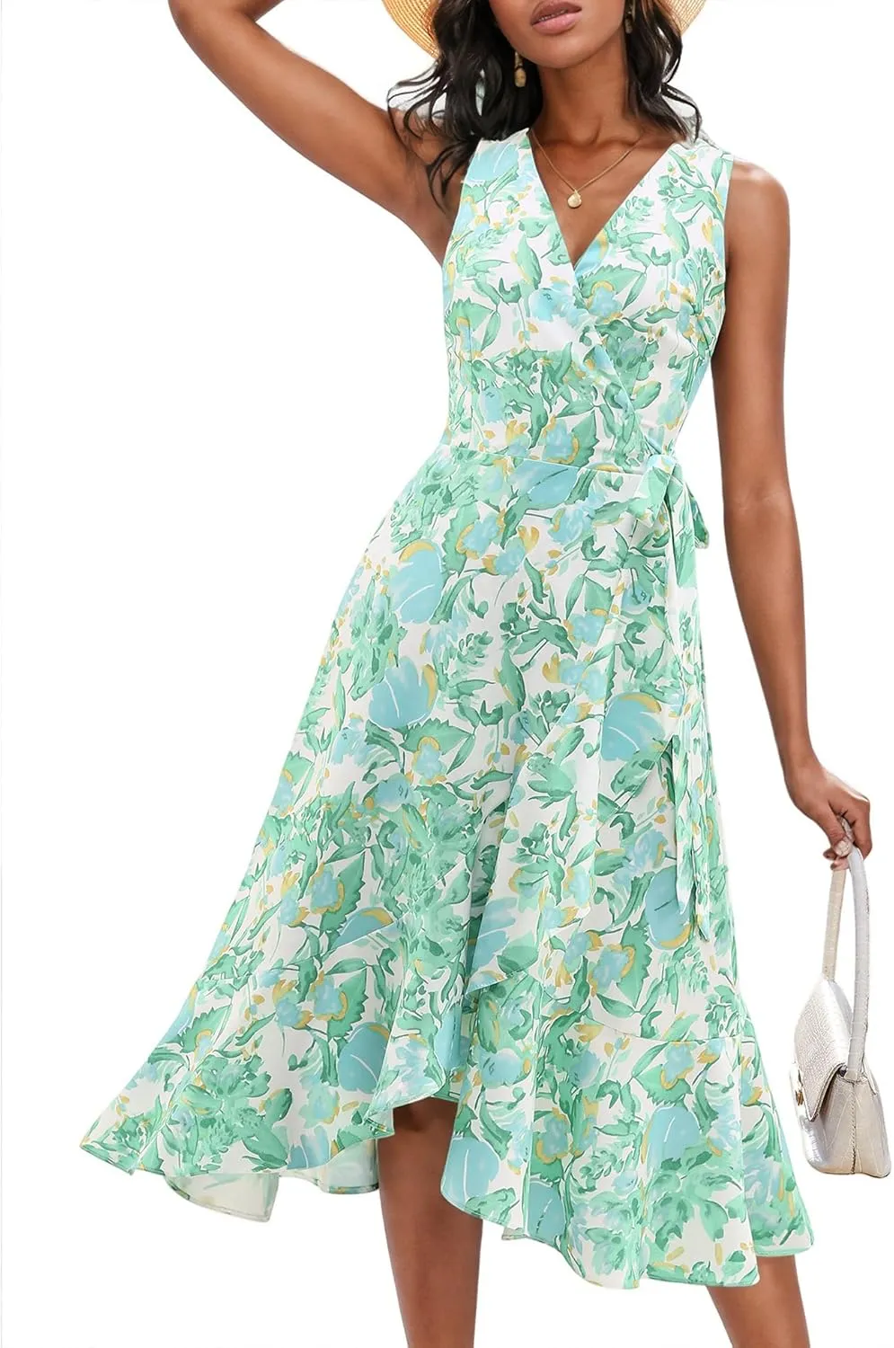 Dressystar Women's Summer Floral V Neck Wrap Boho Dress Sleeveless Ruffle A-Line Flowy Beach Casual Midi Dresses