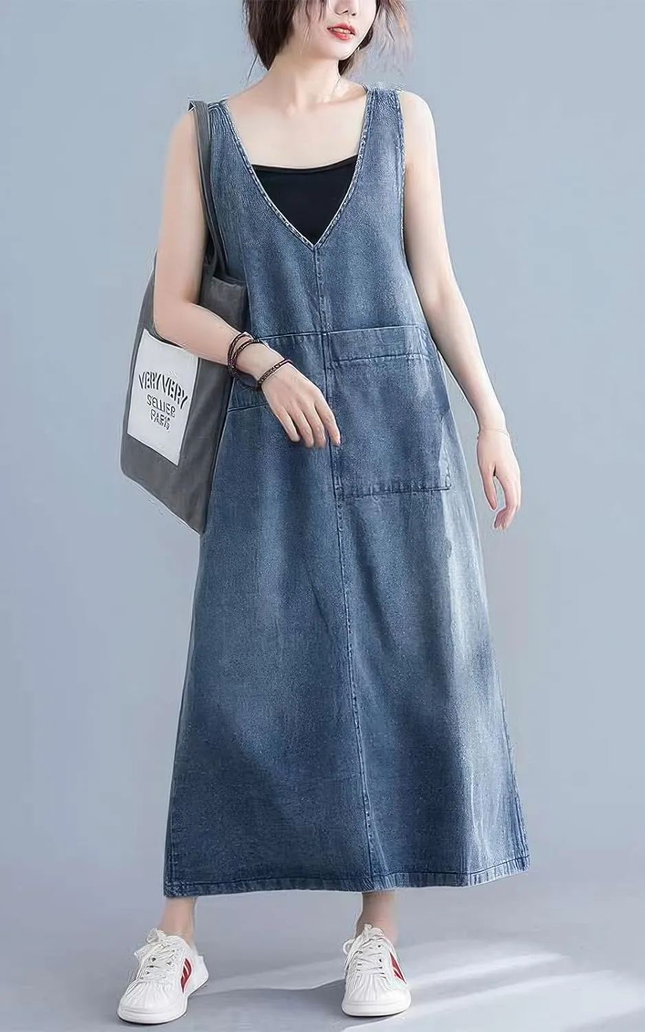 ebossy Casual Oversized Denim Overall Jumper Dress Women's Back Slit Pinafore Long Jean Dress with Pockets