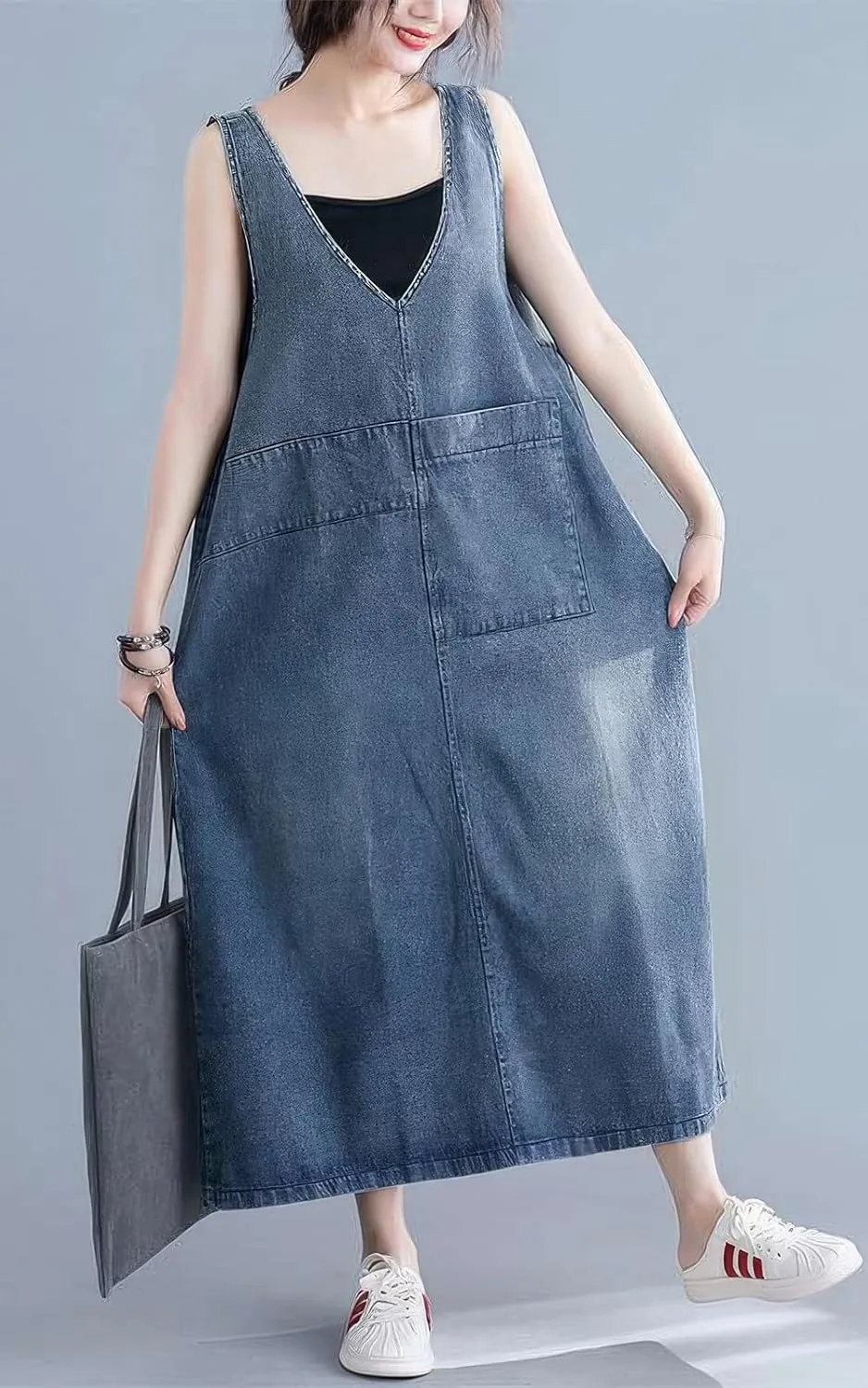 ebossy Casual Oversized Denim Overall Jumper Dress Women's Back Slit Pinafore Long Jean Dress with Pockets