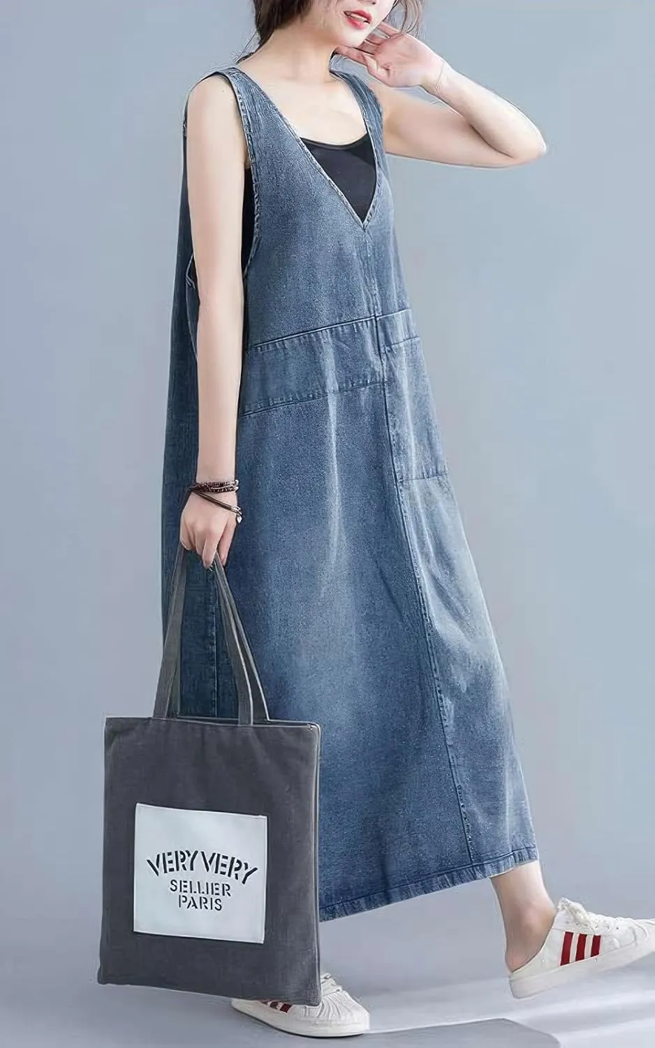ebossy Casual Oversized Denim Overall Jumper Dress Women's Back Slit Pinafore Long Jean Dress with Pockets