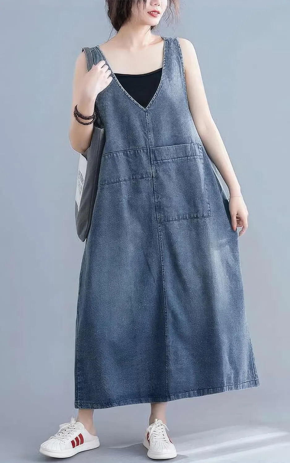 ebossy Casual Oversized Denim Overall Jumper Dress Women's Back Slit Pinafore Long Jean Dress with Pockets