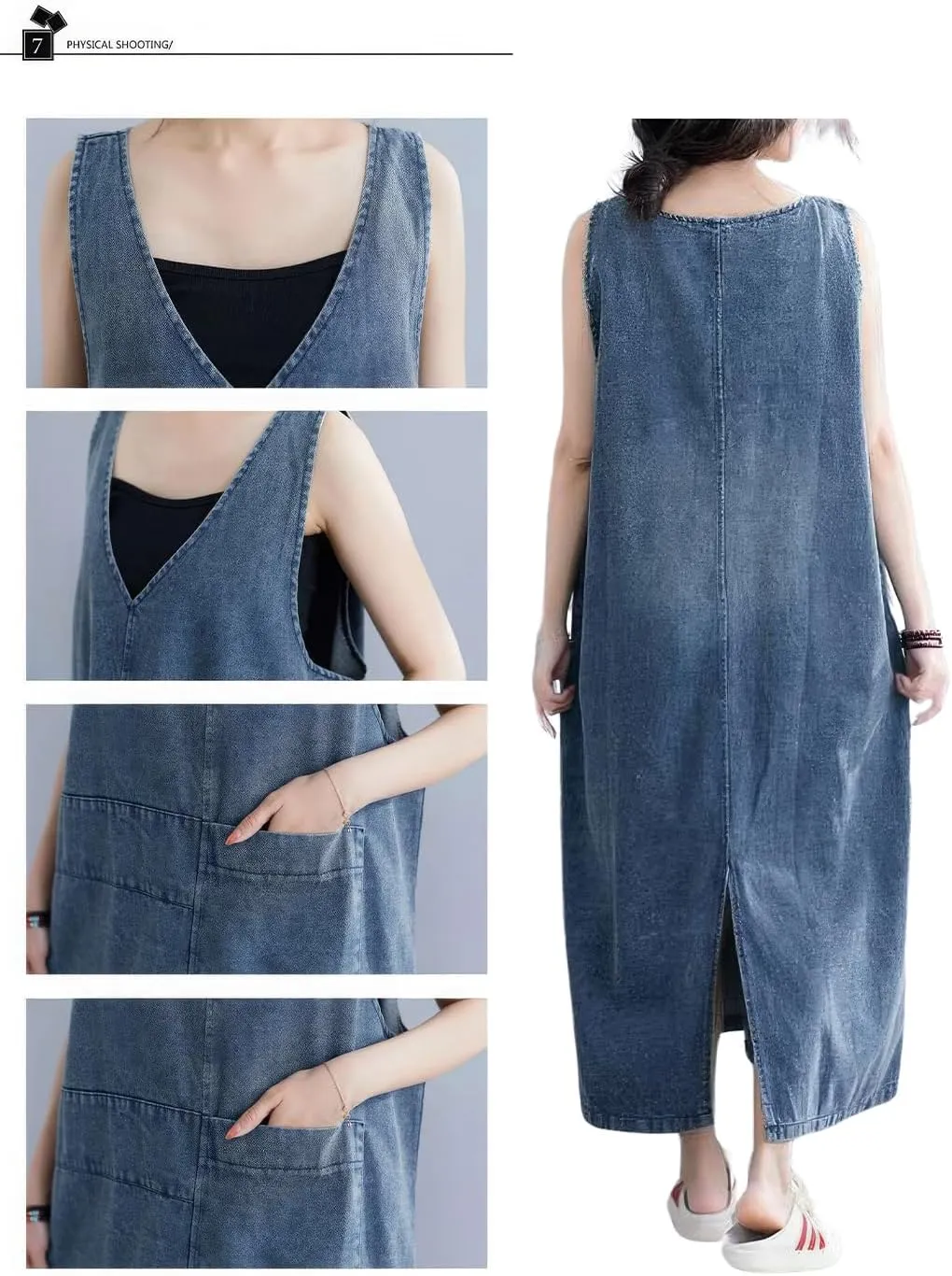 ebossy Casual Oversized Denim Overall Jumper Dress Women's Back Slit Pinafore Long Jean Dress with Pockets