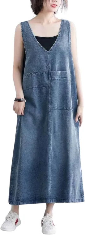 ebossy Casual Oversized Denim Overall Jumper Dress Women's Back Slit Pinafore Long Jean Dress with Pockets