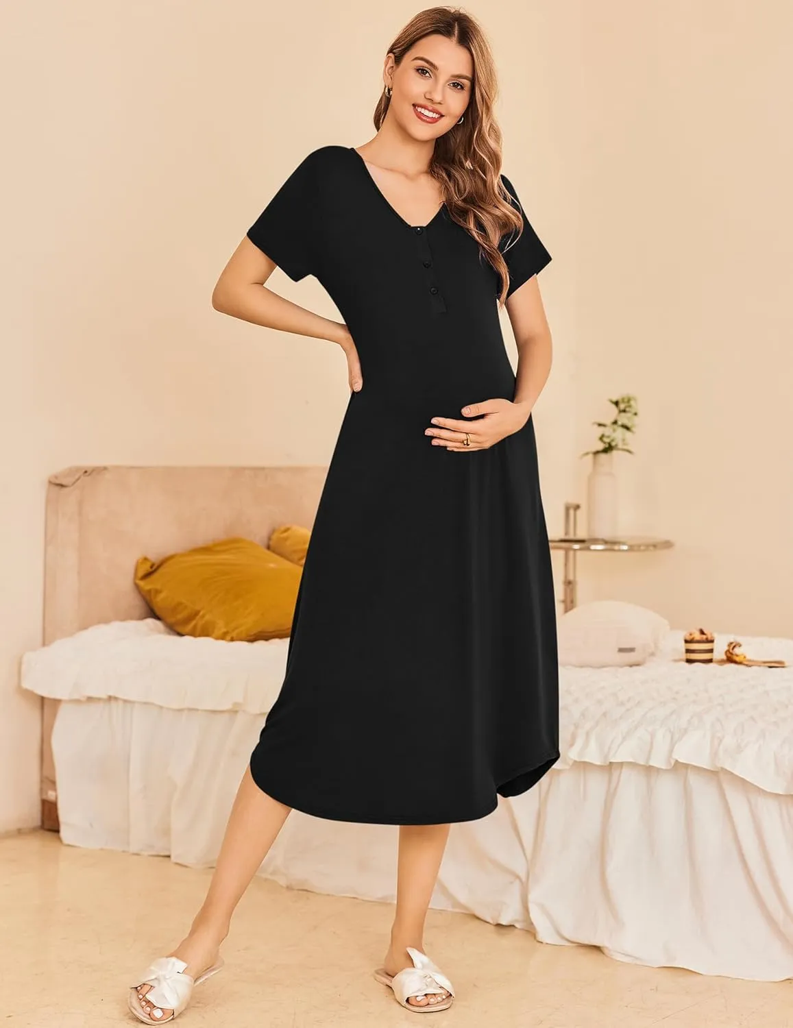 Ekouaer Womens Maternity Nightgown for Hospital Pregnancy Long Nightgowns Nursing Night Gown for Breastfeeding