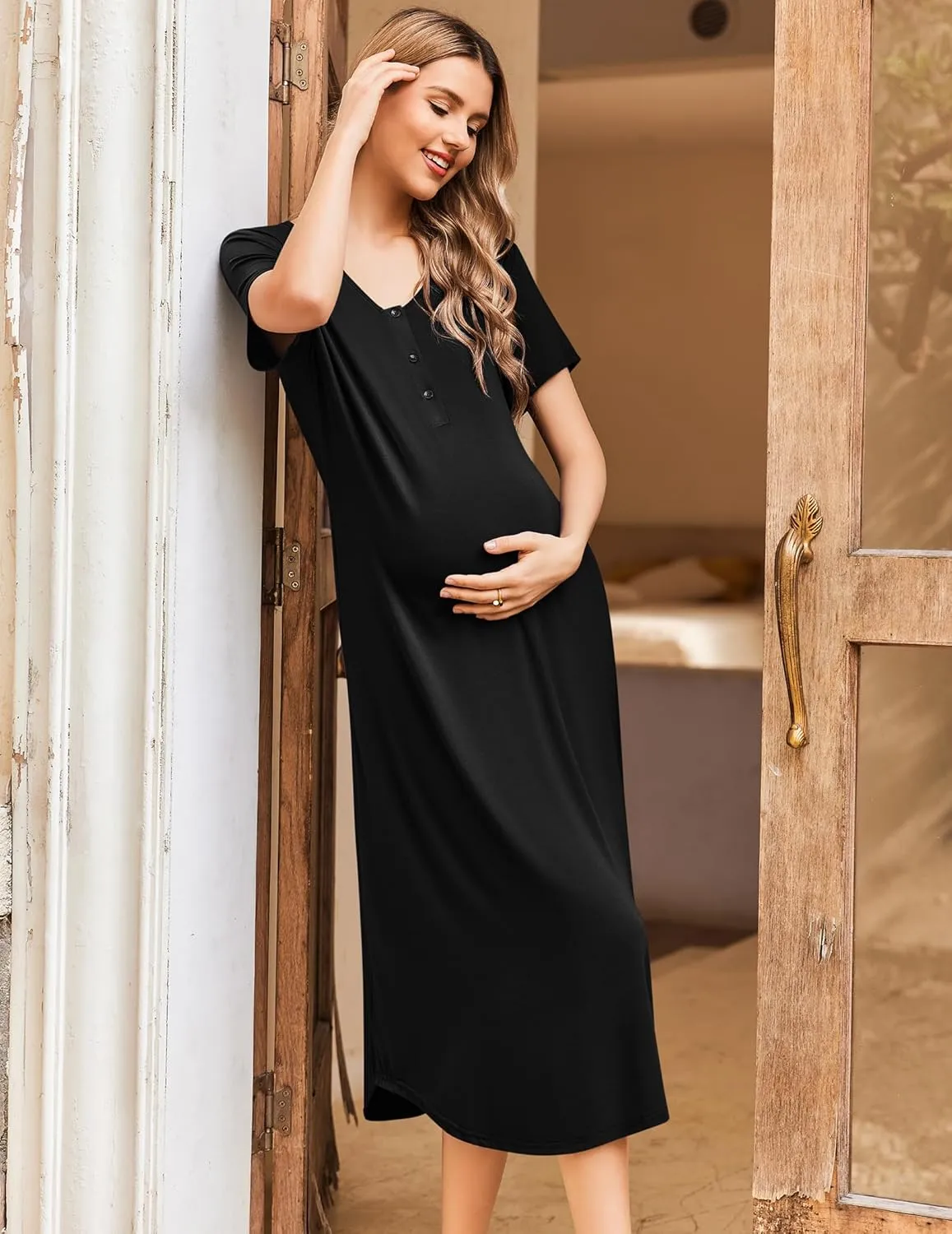Ekouaer Womens Maternity Nightgown for Hospital Pregnancy Long Nightgowns Nursing Night Gown for Breastfeeding