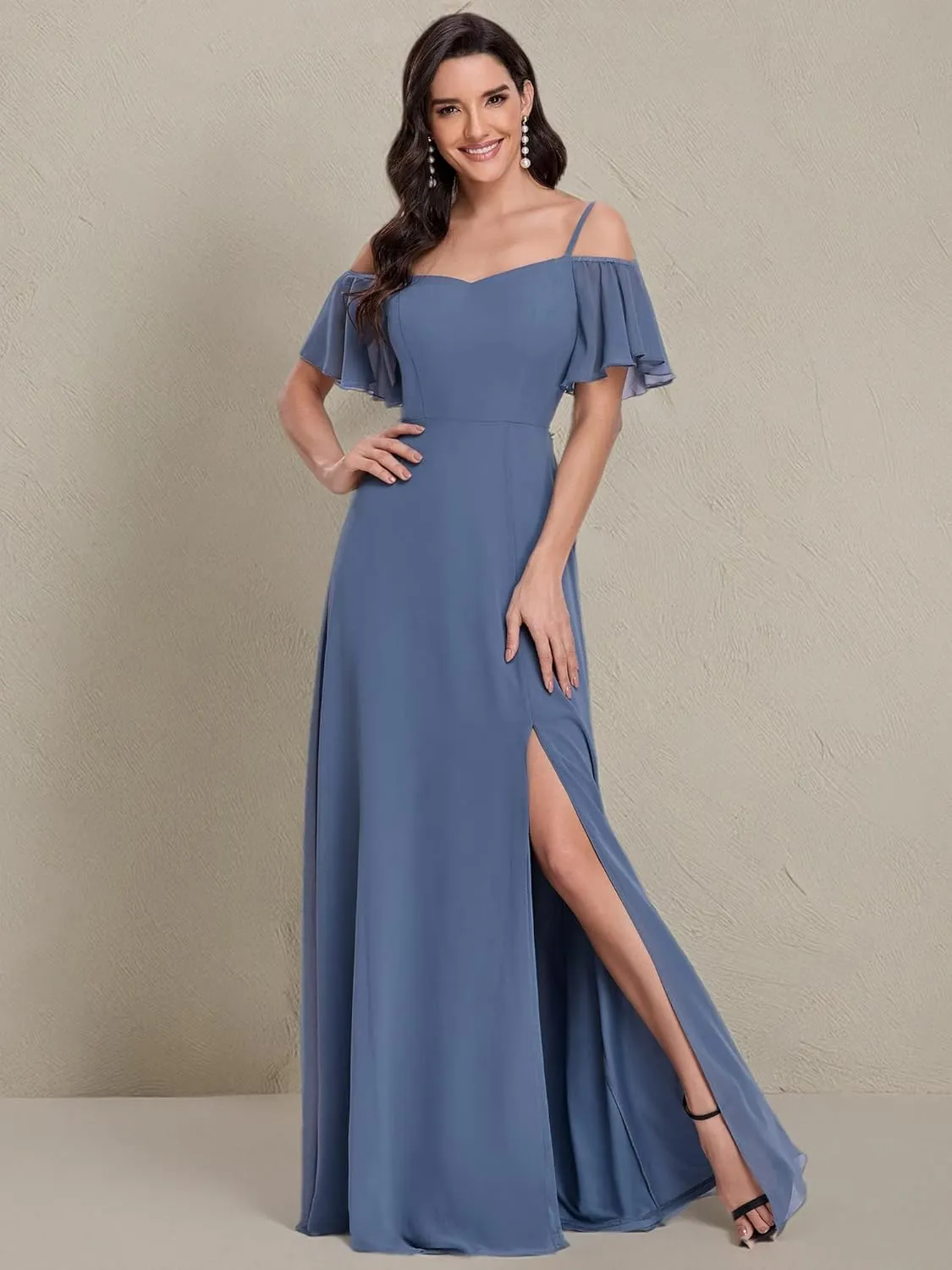 Ever-Pretty Women's Formal Dresses Off Shoulder Short Sleeve Split A-Line Floor Length Bridesmaid Dresses 0237