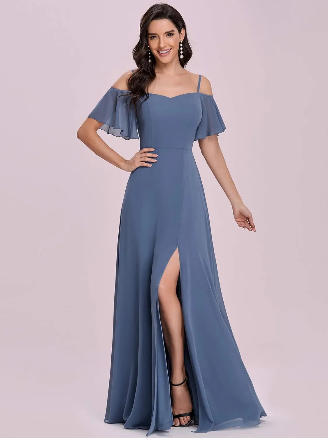 Ever-Pretty Women's Formal Dresses Off Shoulder Short Sleeve Split A-Line Floor Length Bridesmaid Dresses 0237