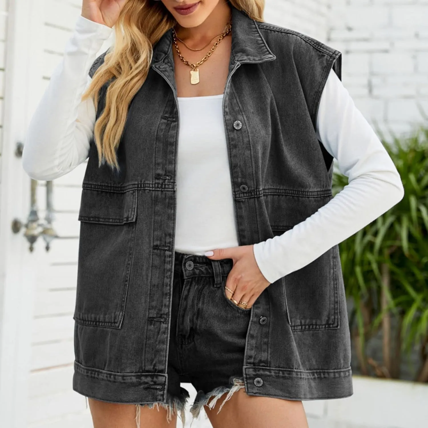 FindThy Womens Vintage Denim Jean Vest Oversized Button Down Jean Waistcoat Gilet