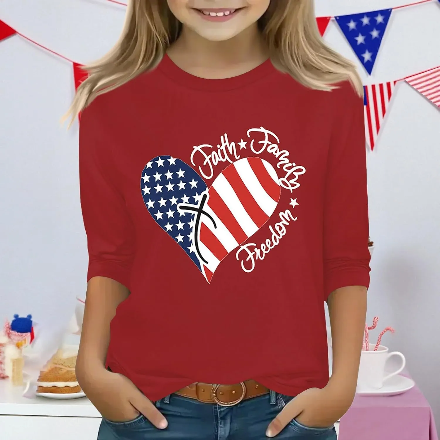 Fourth of July 3/4 Sleeve Shirts for Teens Girls USA Flag Crew Neck Cute Summer Tops Blouses Cute Clothes 5-16 Years