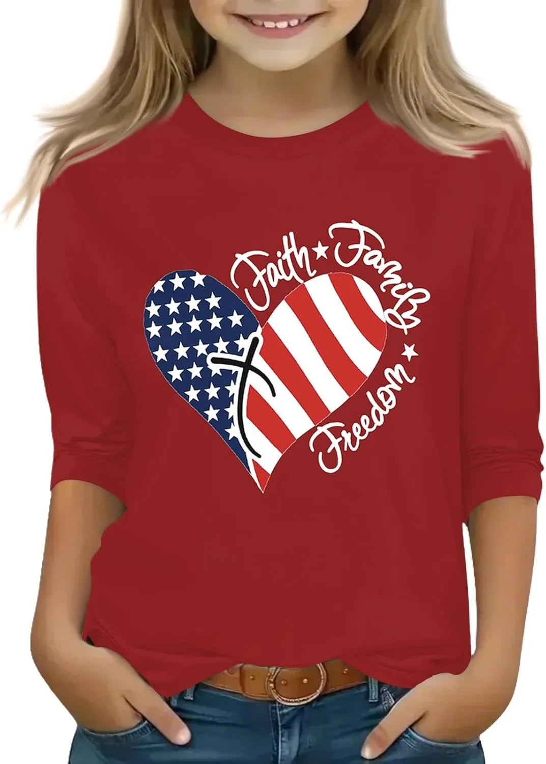 Fourth of July 3/4 Sleeve Shirts for Teens Girls USA Flag Crew Neck Cute Summer Tops Blouses Cute Clothes 5-16 Years