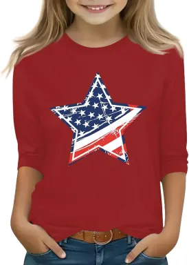 Fourth of July 3/4 Sleeve Shirts for Teens Girls USA Flag Crew Neck Cute Summer Tops Blouses Cute Clothes 5-16 Years