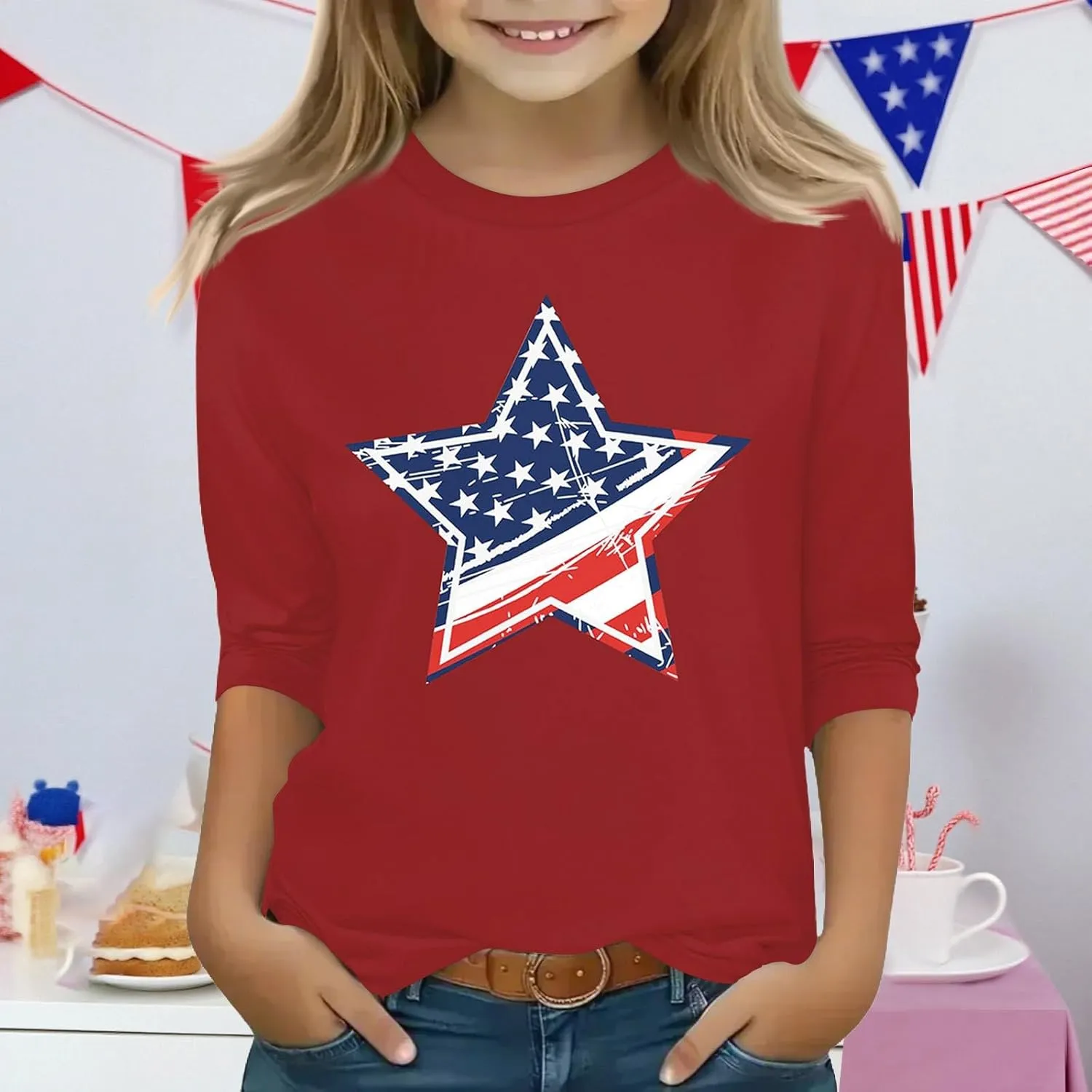 Fourth of July 3/4 Sleeve Shirts for Teens Girls USA Flag Crew Neck Cute Summer Tops Blouses Cute Clothes 5-16 Years