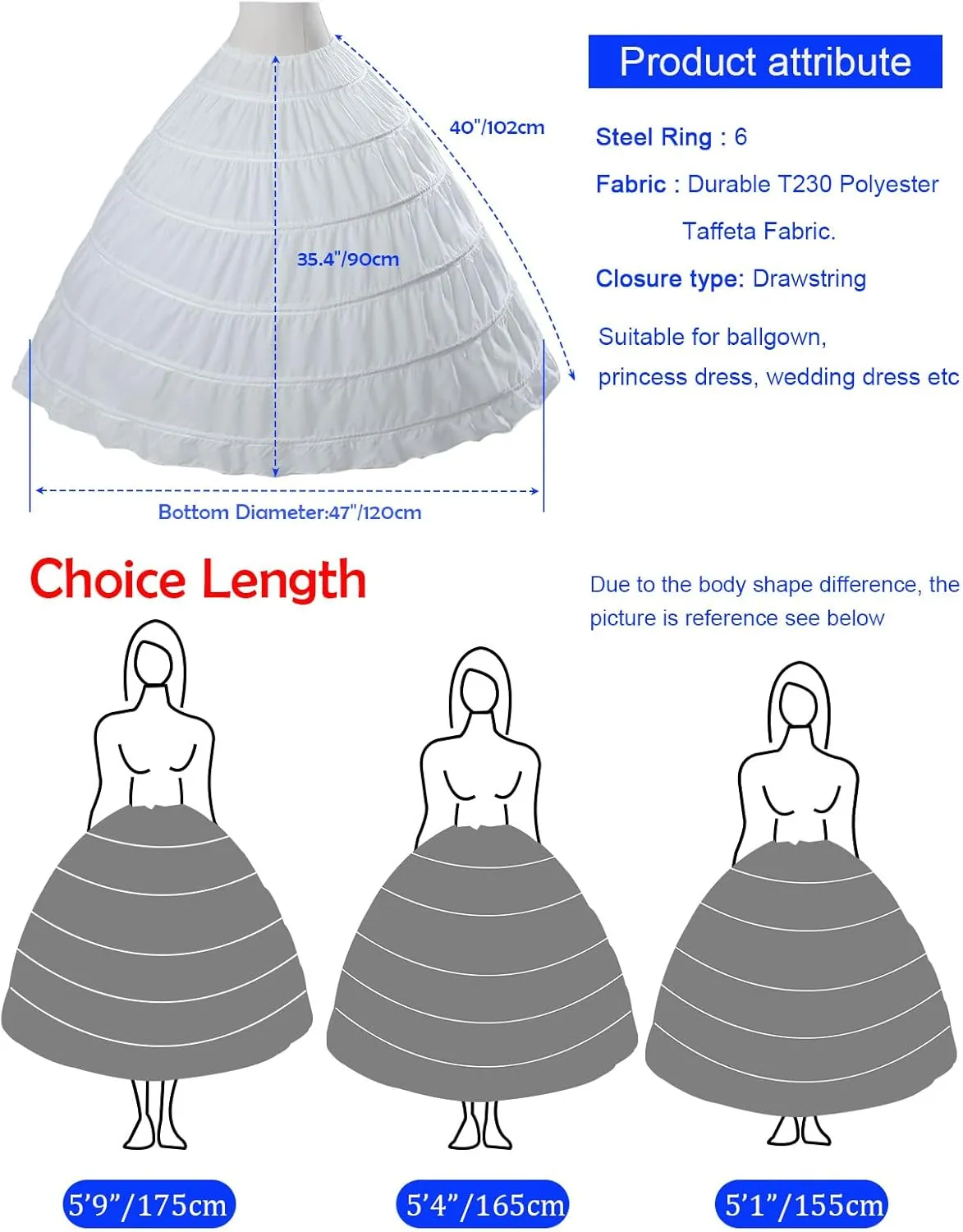 Full A-line 6 Hoop Floor-Length Bridal Dress Gown Slip Petticoat