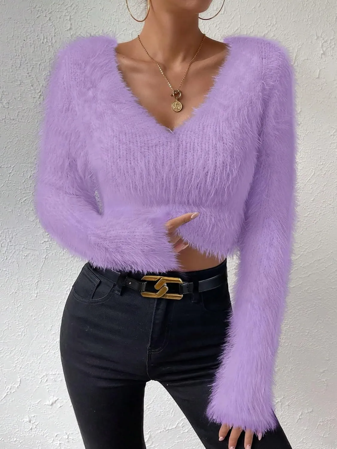 Fuzzy Sweater for Women Long Sleeve V Neck Crop Sweater Cute Plain Fitted Warm Crop Tops Knitwear Sweater Short Tops