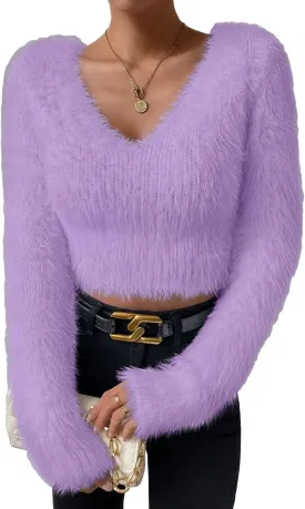 Fuzzy Sweater for Women Long Sleeve V Neck Crop Sweater Cute Plain Fitted Warm Crop Tops Knitwear Sweater Short Tops